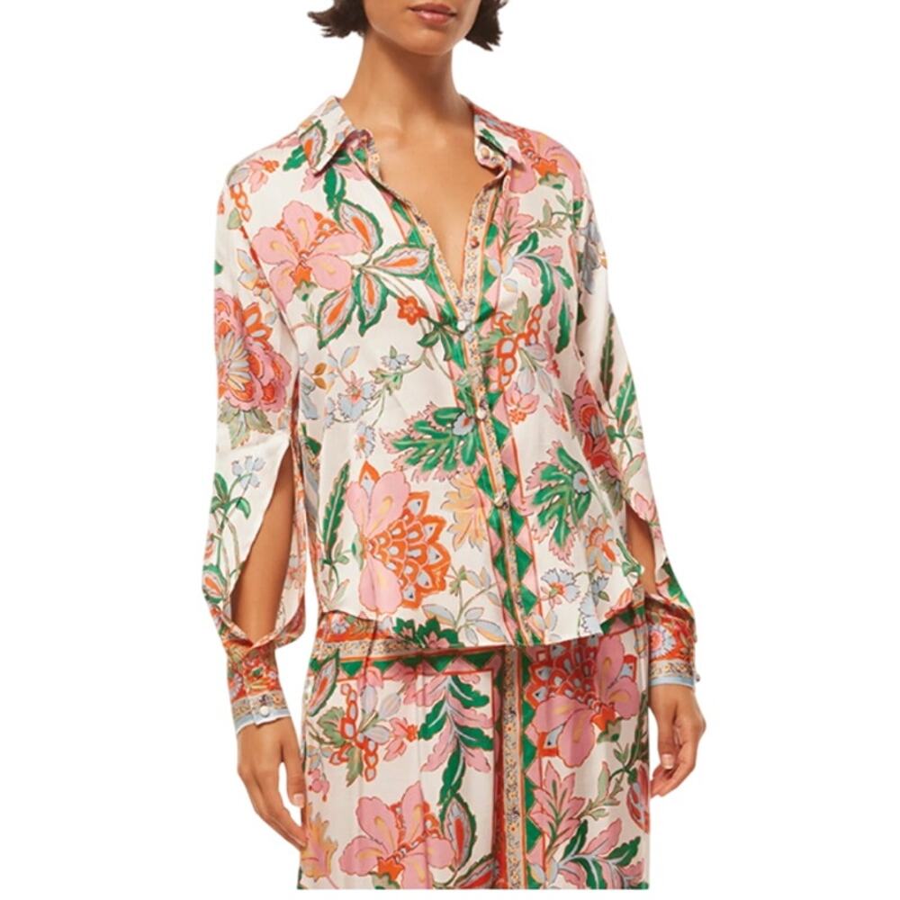 MISA Roya Split-Sleeve Floral Button-Front Top, Medium, Casablanca Border, NWT